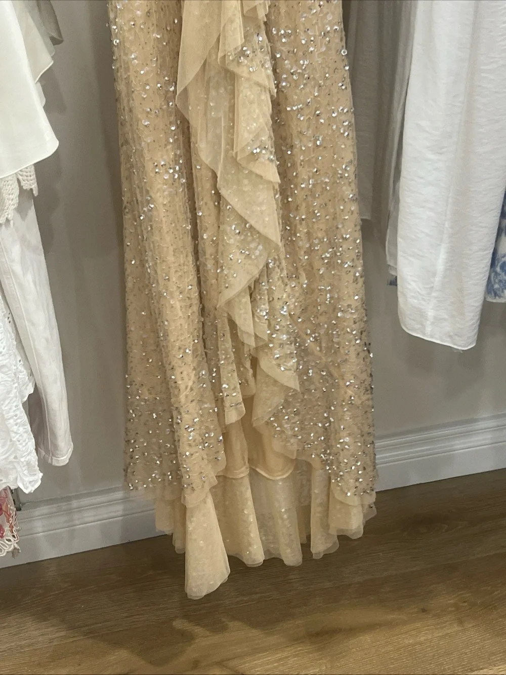 Mac Duggal Champagne Sequin Ruffle Slip